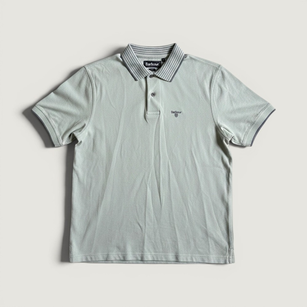 Barbour Mens Large Short Sleeve Polo Shirt Green Striped Collar Pique Cotton L